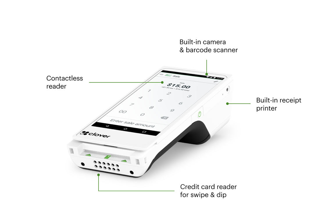 Clover Flex showing built-in camera, receipt printer, and card reader features